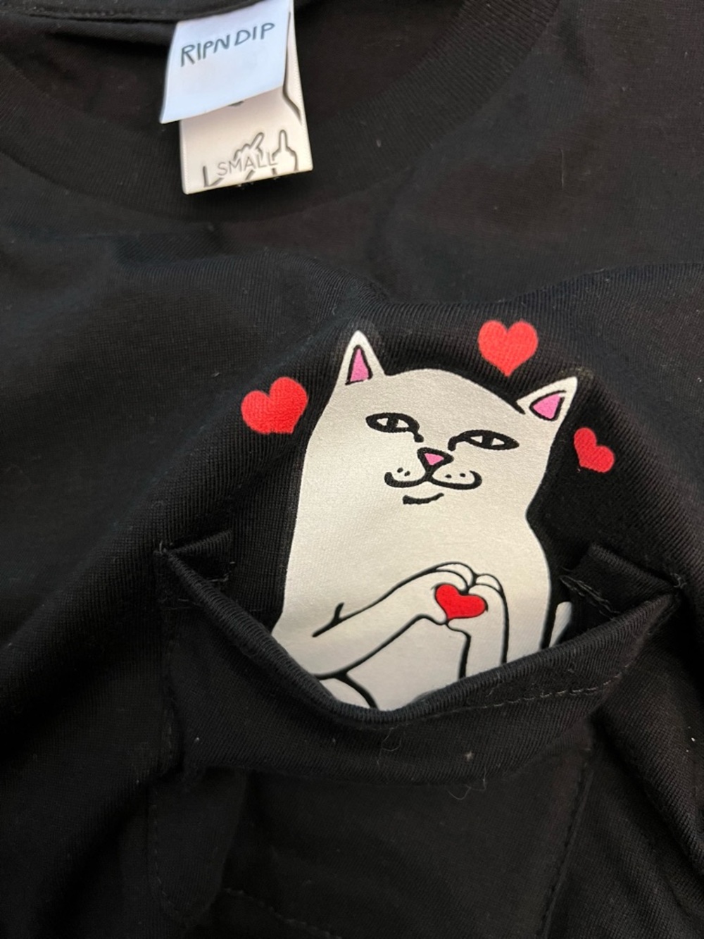 Ripndip Black Pocket Tee with Cat and Red Hearts - Picture 3 of 4